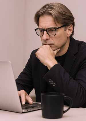 Puzzled businessman at laptop